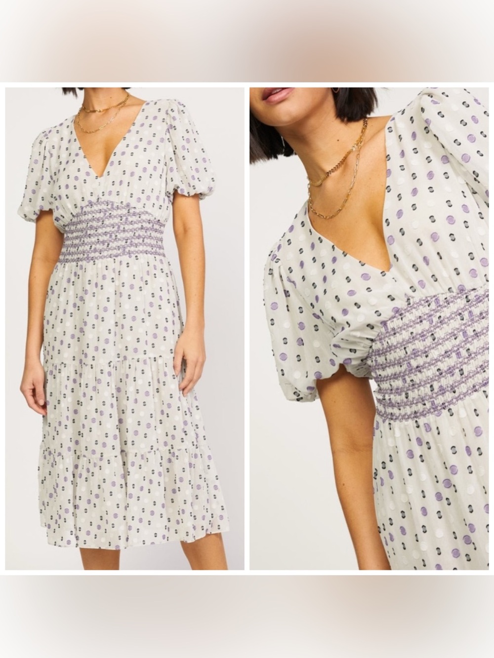 Current Air LA Anthropologie Cream Midi Dress with Purple Dot Print | sz Small